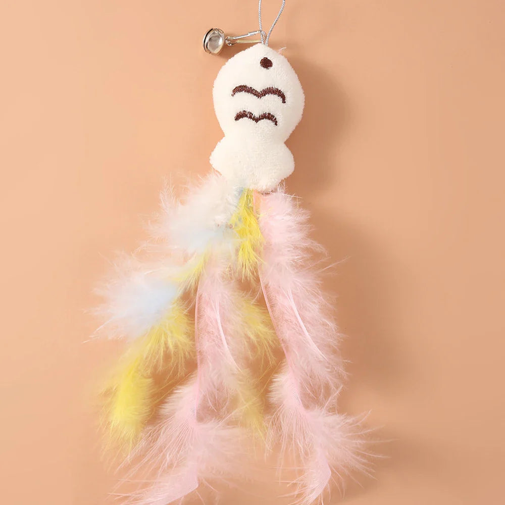 1PC Pet small cat fishing and cat teasing stick 360 degree rotation with feather bells and steel wire cat teasing stick